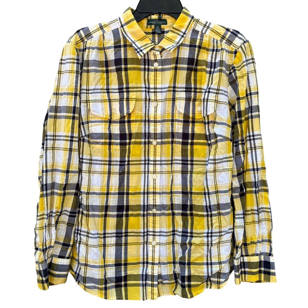 Lauren Jeans Co Ralph Lauren Womens 2X Button Down Shirt Yellow Black Plaid